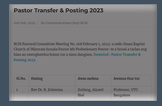 Pastor Transfer & Posting 2023